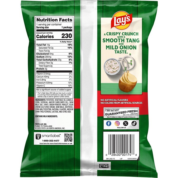 FRITO LAY LAY'S SOUR CREAM AND ONION POTATO CHIPS