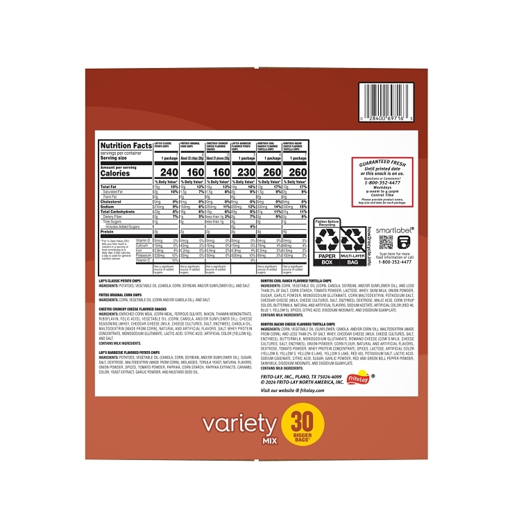 FRITO LAY ASSORTED 30 COUNT SINGLE SERVE BAGGED CHIPS